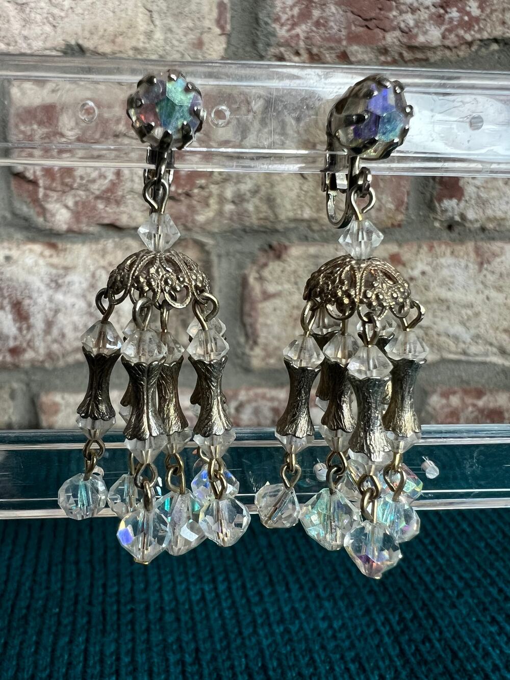 Waterfall beaded Rhinestone clip on Earrings silvertone